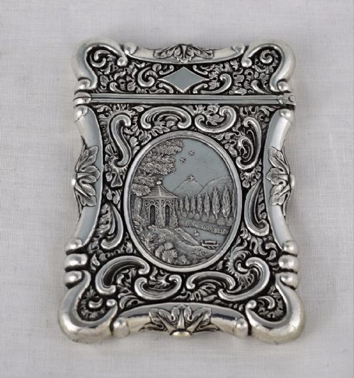 C.1900 American Sterling Silver Castle Top Style Card Case Oriental Scene