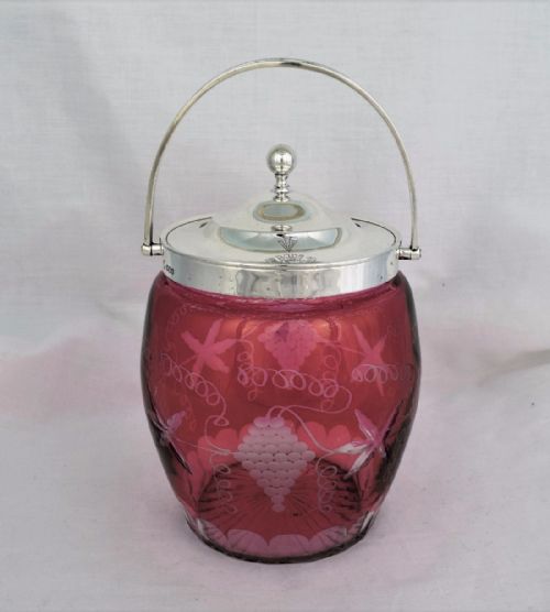 Superb Silver and Cranberry Overlay Cut Glass Biscuit Box William Hutton Barrel