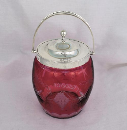 fig 1. Superb Silver and Cranberry Overlay Cut Glass Biscuit Box William Hutton Barrel
