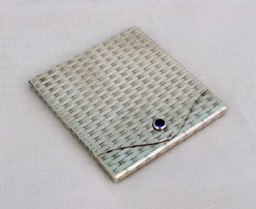 Pretty Silver Basket Weave Stamp Case Sapphire Clasp Continental Austria Hungary Import Possibly Russian