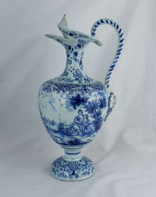 Superb Large 18thc Dutch Delft Pitcher Hugo Brouwer Ewer Split Spout