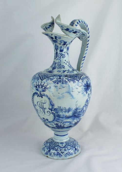 fig 1. Superb Large 18thC Dutch Delft Pitcher Hugo Brouwer Ewer Split Spout