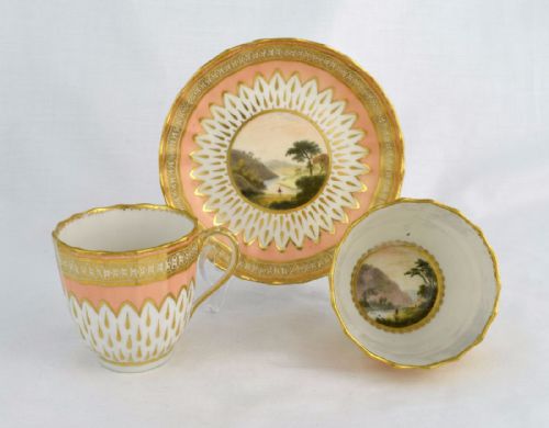 Early Derby Trio Zachariah Boreman Salmon Landscape Scenes 18thc Cup & Saucer Tea Bowl 118