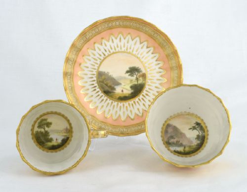 fig 1. Early Derby Trio Zachariah Boreman Salmon Landscape Scenes 18thC Cup & Saucer Tea Bowl 118
