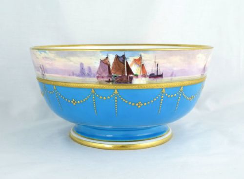 Large Minton Celeste Bleu Bowl Artist Signed James Edwin Dean Sailing Boats