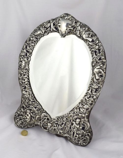 fig 1. Large William Comyns Heart Shape Silver Dressing Table Mirror Edwardian