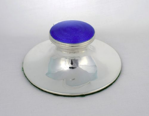 Large Deco Silver & Blue Guilloche Enamel Inkwell Henry Matthews 1921