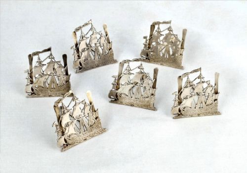 Set 6 Novelty Dutch Silver Menu Place Card Holders Galleon Ships
