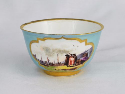 18th Century Meissen Tea Bowl C.1730 Kauffahrtei Harbour Scenes Turquoise Ground