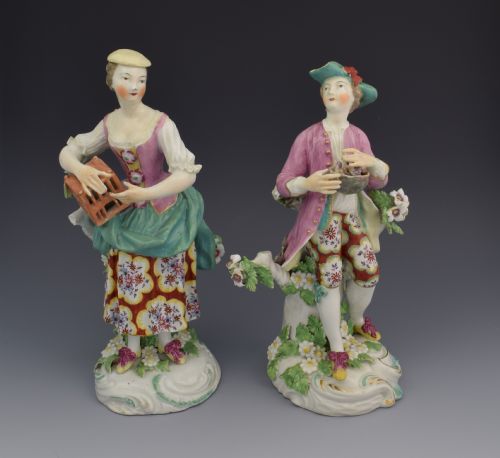 Pair 18thc Derby Figures Liberty & Matrimony Patch Period C.1765
