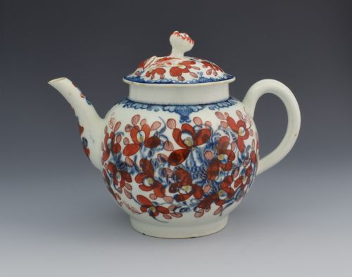 First Period Worcester Globular Teapot Clobbered Mansfield Pattern