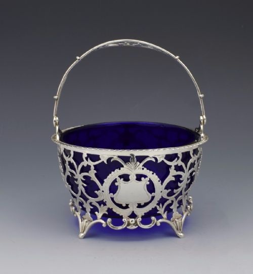 George V Silver & Blue Glass Bonbon Sugar Basket Adie Bros.