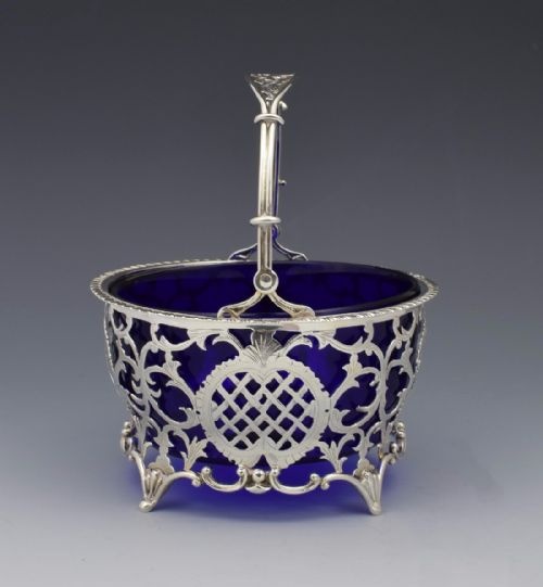 fig 1. George V Silver & Blue Glass Bonbon Sugar Basket Adie Bros.
