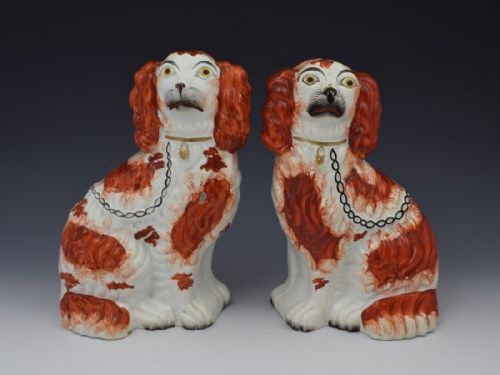 Pair Russet & White Victorian Staffordshire Fireside Spaniels Dogs