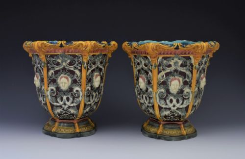 Victorian Pair of Copeland Mask Face Majolica Jardinieres