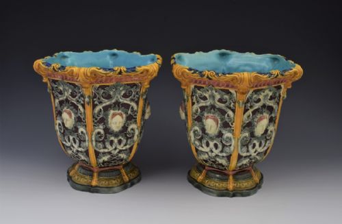 fig 1. Victorian Pair Of Copeland Mask Face Majolica Jardinieres