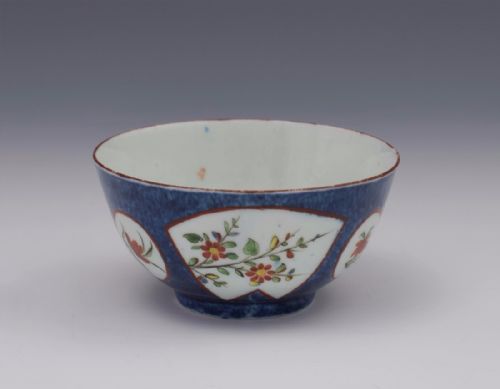 First Period Worcester Powder Blue Tea Bowl Exotic Flowers