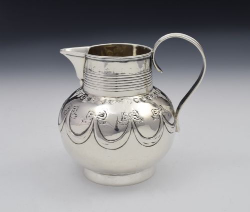Unusual Bulbous George III Silver Cream Jug London 1801 Sparrow Beak Embossed Ribbons Georgian Reeding