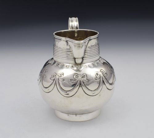 fig 1. Unusual Bulbous George III Silver Cream Jug London 1801 Sparrow Beak Embossed Ribbons Georgian Reeding