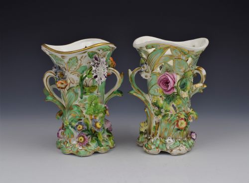 Pair Reticulated Coalport Flower Encrusted Vases Coalbrookedale Style C.1835