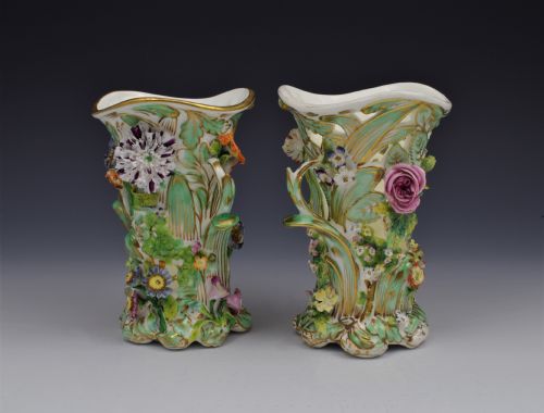 fig 1. Pair Reticulated Coalport Flower Encrusted Vases Coalbrookedale Style c.1835