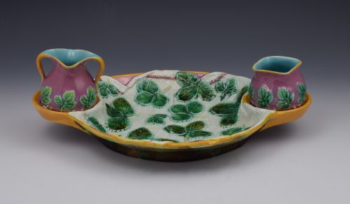 fig 1. George Jones Majolica Victorian Napkin 3 Piece Set Strawberry Server Dish