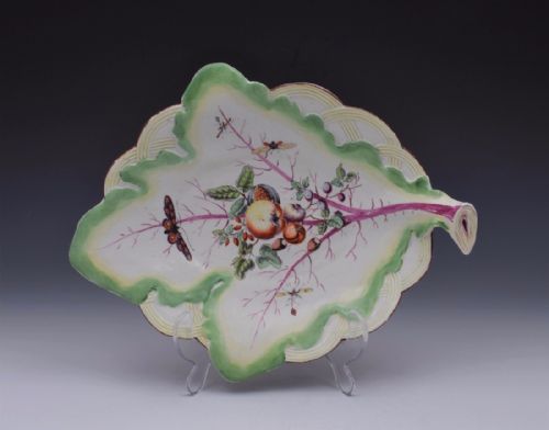 18thc Derby Leaf Dish Polychrome Enamels Fruit & Moths C.1760