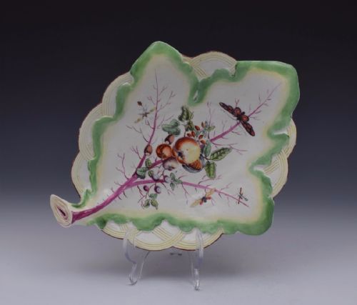 fig 1. 18thC Derby Leaf Dish Polychrome Enamels Fruit & Moths c.1760