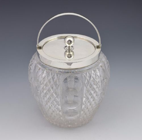 Edwardian Silver & Cut Glass Biscuit Box / Barrel Grinsell & Sons