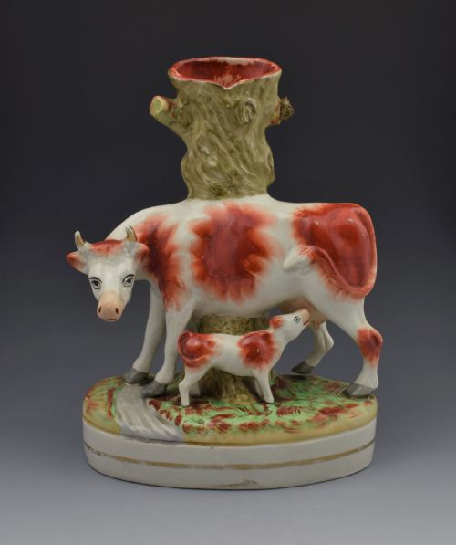 Charming Large Staffordshire Spill Vase Cow & Calf Russet & White