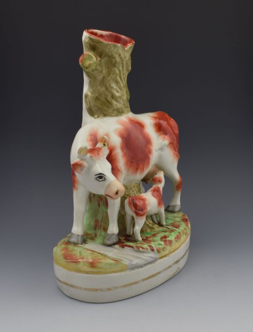 fig 1. Charming Large Staffordshire Spill Vase Cow & Calf Russet & White