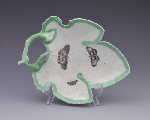 First Period Worcester Green Edged Leaf Dish with Butterflies C.1755