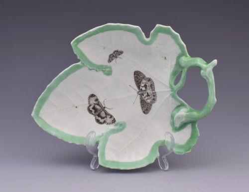 fig 1. First Period Worcester Green Edged Leaf Dish With Butterflies c.1755