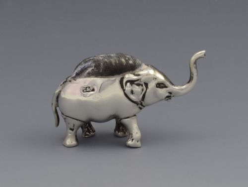 Edwardian Silver Pin Cushion Elephant Raised Trunk Levi & Salaman Miniature 1905
