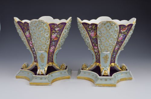 Pair French Paris Jacob Petit Quatrefoil Porcelain Vases on Stands