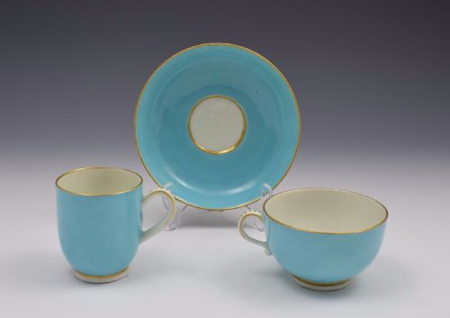 First Period Worcester Giles Decorated Celeste Bleu Cup & Saucer Trio