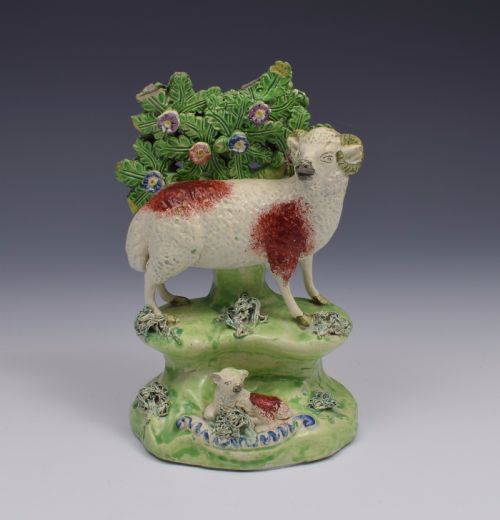 Early 19thc Walton Staffordshire Pearlware Bocage Group Ram & Lamb