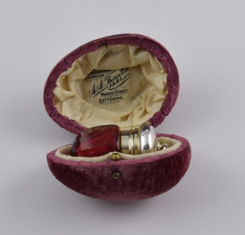 fig 1. Small Victorian Ruby Glass & Silver Vinaigrette In Velvet Case
