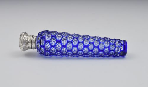 Large Victorian Blue Cut-to-clear Glass & Silver Scent Bottle
