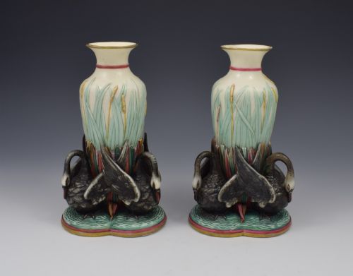 Unusual Pair Victorian Royal Worcester Black Swan Figural Vases