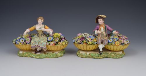 Pair of Minton Figures Sitting between Baskets of Flowers Models 58