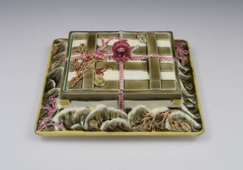 Wedgwood Majolica Sardine Box Crate in Ocean Argenta Victorian 1879 Cream Brown Pink