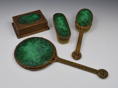 Art Deco Malachite Glass 4 Piece Dressing Set Hoffman-schlevogt Czech