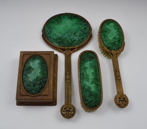 fig 1. Art Deco Malachite Glass 4 Piece Dressing Set Hoffman-Schlevogt Czech