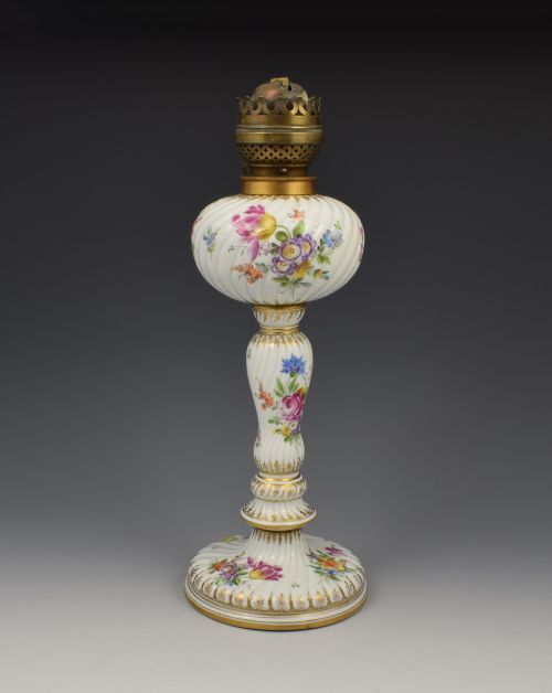 fig 1. 19thC Large Dresden Carl Thieme Porcelain Oil Lamp Potschappel