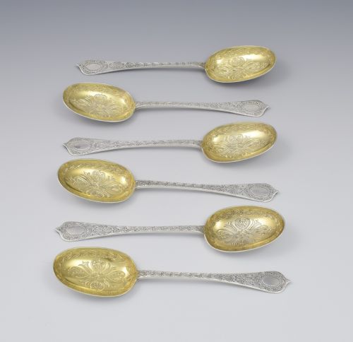 Fine Set 6 Victorian Parcel Gilt Aesthetic Style Silver Dessert Spoons