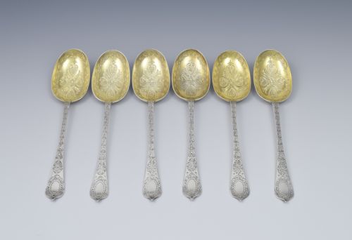 fig 1. Fine Set 6 Victorian Parcel Gilt Aesthetic Style Silver Dessert Spoons