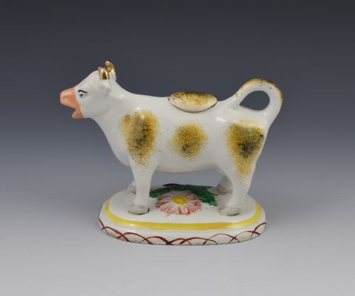 Antique Early 19thc Staffordshire Pottery Spongeware Cow Creamer