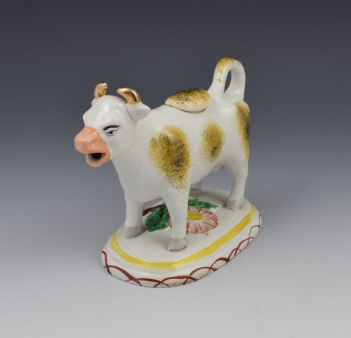 fig 1. Antique Early 19thC Staffordshire Pottery Spongeware Cow Creamer