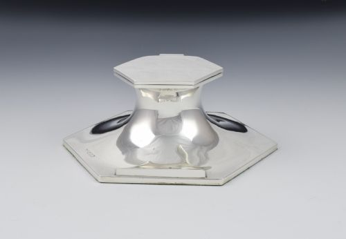 fig 1. Large Art Deco Hexagonal Shape Silver Capstan Inkwell - Walker & Hall
